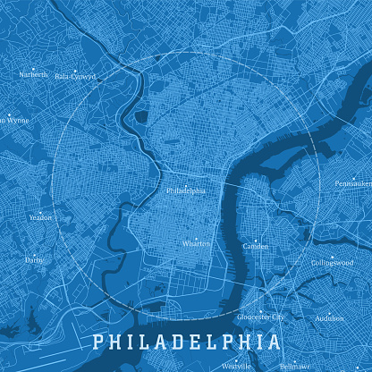 Philadelphia PA City Vector Road Map Blue Text. All source data is in the public domain. U.S. Census Bureau Census Tiger. Used Layers: areawater, linearwater, roads.