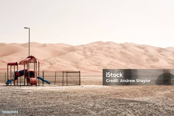 Playground And Moreeb Dune In Liwa Desert Stock Photo - Download Image Now - Arid Climate, Color Image, Desert Area