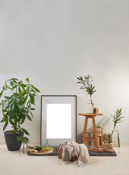 istock modern home interior design style in products and flat white wall with plant frame stool 1312633539