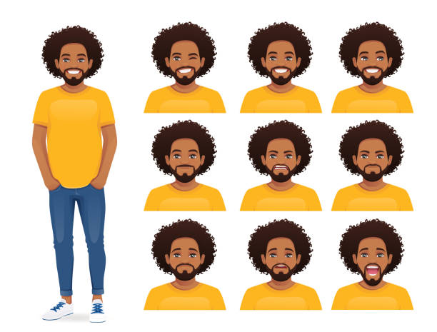 Young african man expression set Young african man with different facial expressions set vector illustration isolated afro man stock illustrations