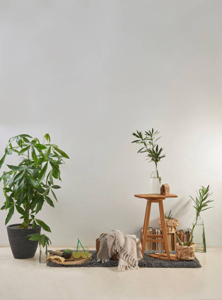 istock modern home interior design style in products and flat white wall with plant frame stool 1312633688