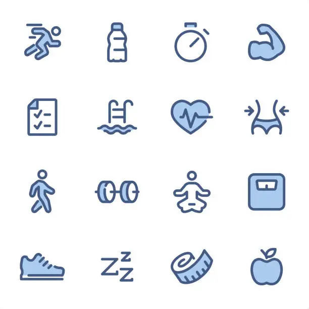 Vector illustration of Fitness - Pixel Perfect blue line icons