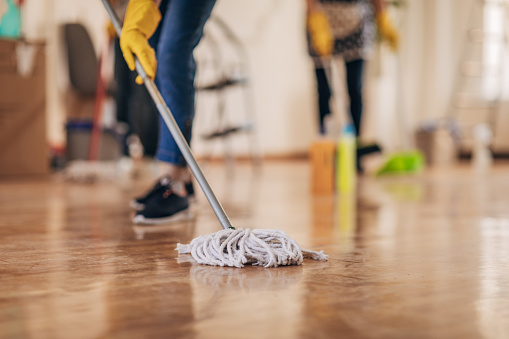 Two women, mature women cleaners from cleaning service, cleaning floor in apartment together.