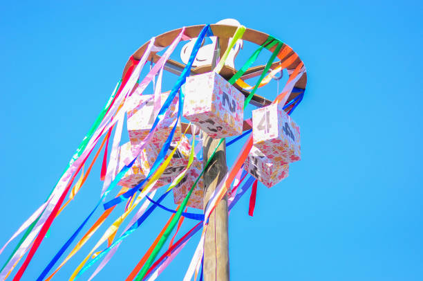 istock Maslenitsa. Competition for the agile. On a background of blue sky. 1312635568