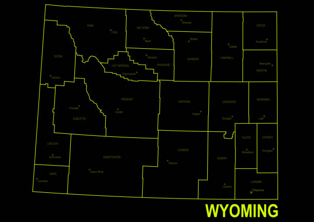 ilustrações de stock, clip art, desenhos animados e ícones de neon map of wyoming against black background - wyoming map county counties