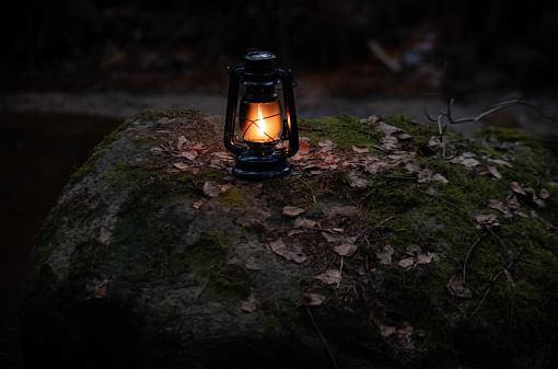 A cozy lamp fire in the dark magic forest in the middle of the river
