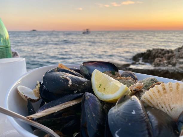musslor musslor i vitt vin vitlök brygga och citron vid solnedgången vid havet - dinner croatia bildbanksfoton och bilder