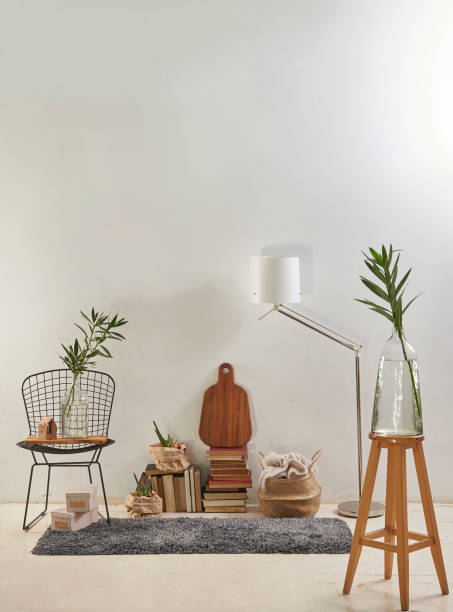 istock modern home interior design style in products and flat white wall with plant frame stool 1312637507