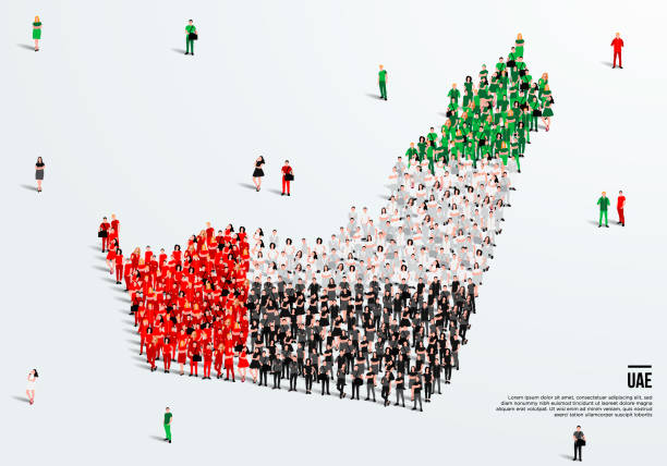 UAE Map and Flag. A large group of people in UAE flag color form to create the map. Vector Illustration. UAE Map and Flag. A large group of people in UAE flag color form to create the map. Vector Illustration. united arab emirates flag map stock illustrations