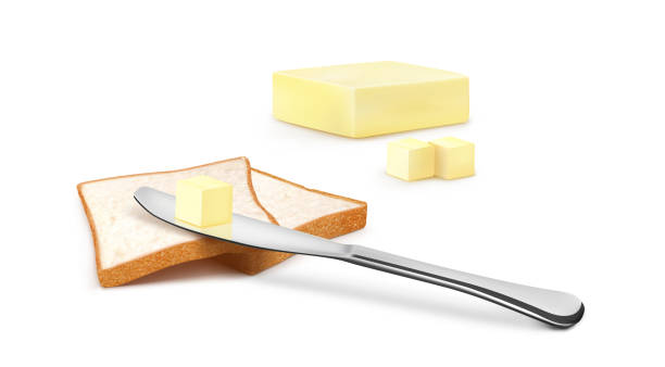butter mit brot und messer auf weißem hintergrund vektor-illustration - ready to cook flash stock-grafiken, -clipart, -cartoons und -symbole