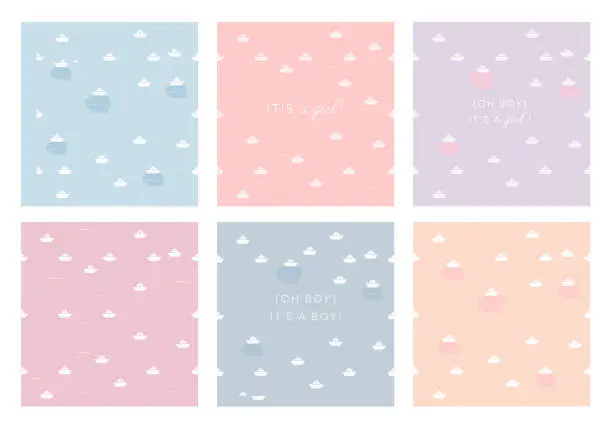 Vector illustration of Baby girl baby boy birth arrival new life announcement card set congratulations vector. Cute text lettering typography copy space. Modern stylish minimal graphic design with origami paper boats motif. Pink blue apricot baby shower theme. Gender variety