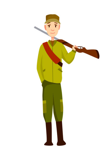 istock Hunter character with rifle. Man with a gun in camouflage in cartoon style. Human with weapons on hunting 1312642675