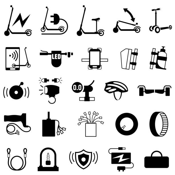Electric Scooter Products Icons Single color isolated icons of electric push scooters and accessories phone charging station icon stock illustrations