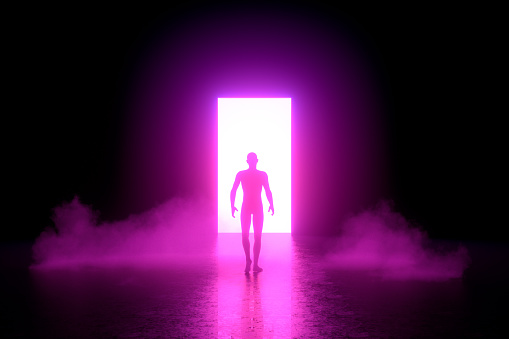 3d rendering of man walking to the lighted door. Neon Lights, Dark Room.