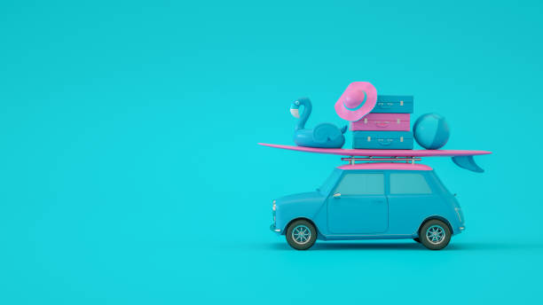 Summer Holiday and Travel Concept with Car on Blue Background