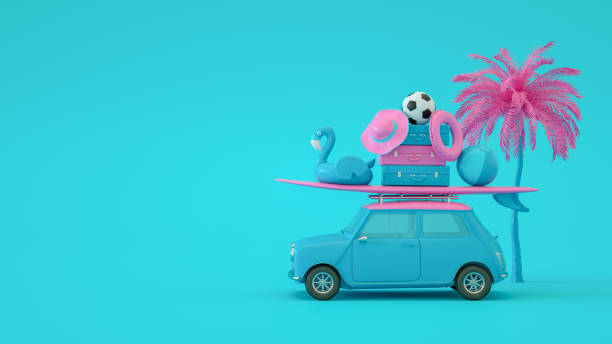 Summer Holiday and Travel Concept with Car on Blue Background 3d rendering of Summer Holiday and Travel Concept with Car. Minimal Design. Blue Background. beach ball beach summer ball stock pictures, royalty-free photos & images