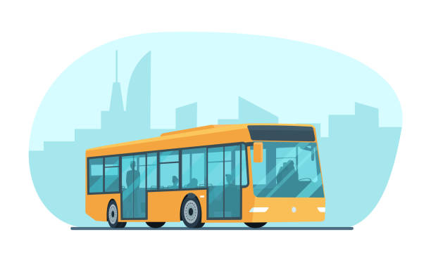 ilustraciones, imágenes clip art, dibujos animados e iconos de stock de moderno autobús de pasajeros de la ciudad en el fondo de un paisaje urbano abstracto. ilustración vectorial. - autobús