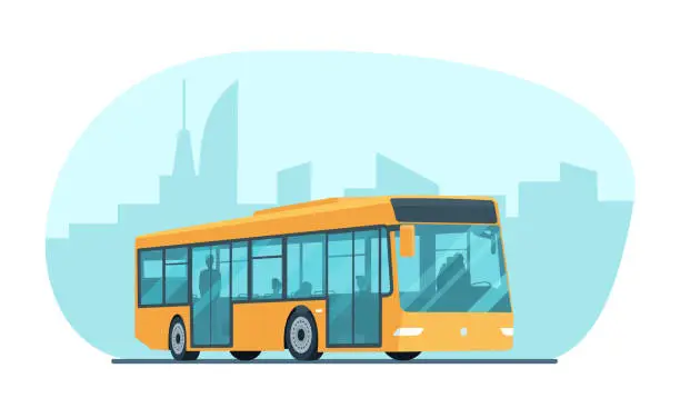 Vector illustration of Modern city passenger bus against the background of an abstract cityscape. Vector illustration.