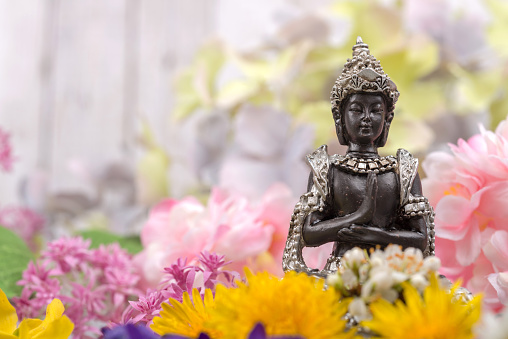 Buddha figure amid colorful spring flowers