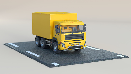 A yellow delivery truck is driving along the road. Realistic high quality 3D illustration