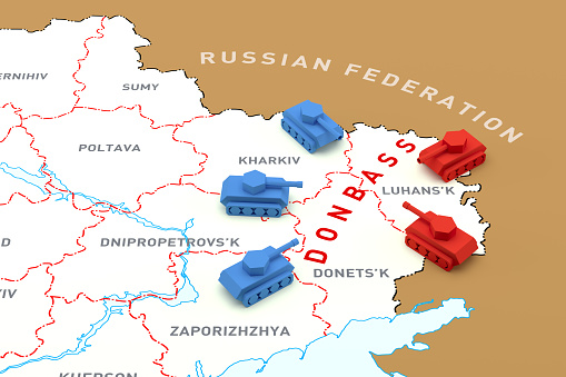 El Encuentro de Tanques en el Mapa de Ucrania. Renderizado 3D photo