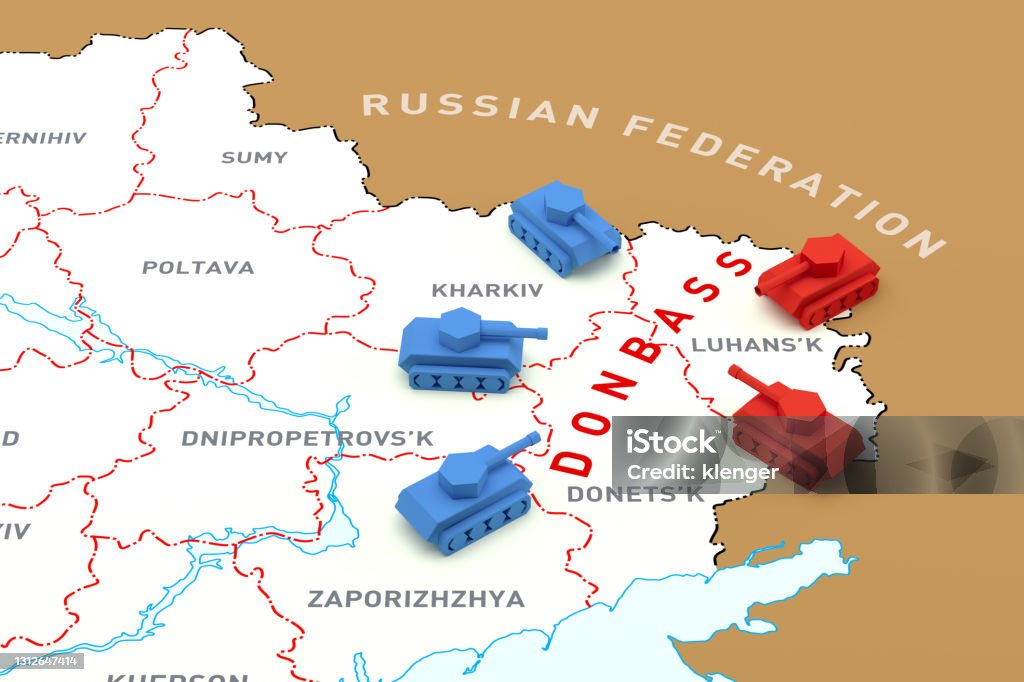 The Encounter of Tanks on the Map of Ukraine. 3d Rendering The Encounter of Tanks on the Map of Ukraine. 3d Rendering http://www.lib.utexas.edu/maps/world.html Donets Basin Stock Photo