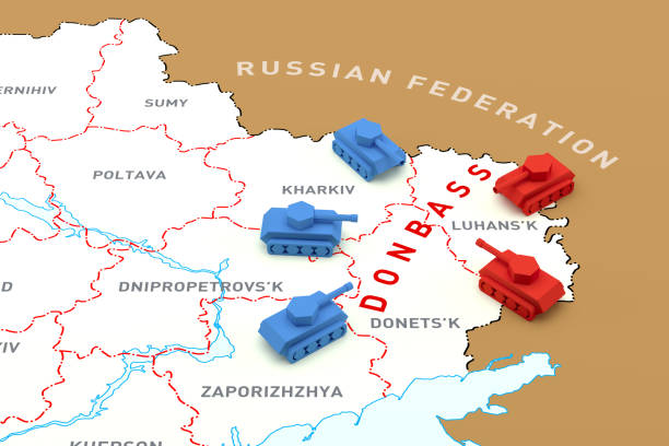 The Encounter of Tanks on the Map of Ukraine. 3d Rendering The Encounter of Tanks on the Map of Ukraine. 3d Rendering http://www.lib.utexas.edu/maps/world.html dnipropetrovsk stock pictures, royalty-free photos & images
