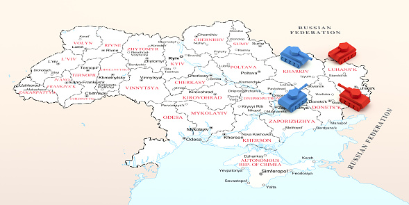The Encounter of Tanks on the Map of Ukraine. 3d Rendering http://www.lib.utexas.edu/maps/world.html