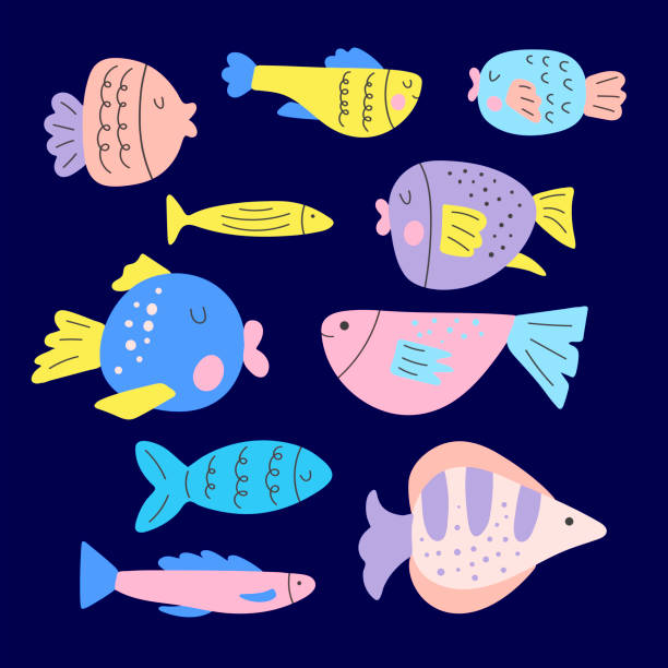 istock Set of cute cartoon marine life - bright color fish. Vector graphics, on white background. For decorating notebooks, packaging, posters print for pillow 1312647569
