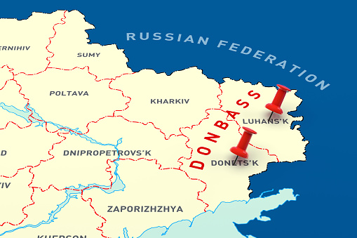 Zonas calientes marcadas en el mapa de Ucrania. Renderizado 3D photo