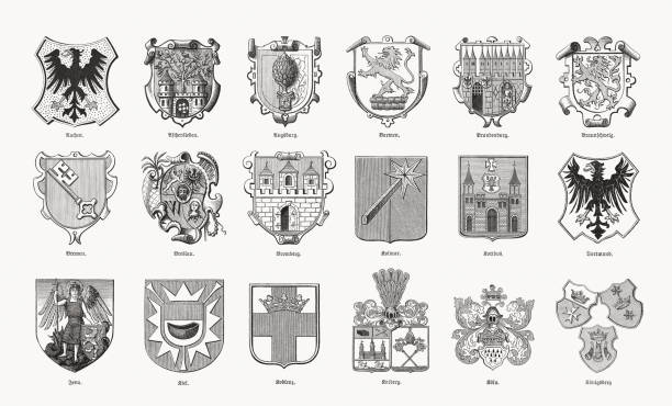 Historical coats of arms of German cities, woodcuts, 1893 Historical coats of arms of German cities: Aachen; Aschersleben; Augsburg; Barmen; Brandenburg; Braunschweig; Bremen; Breslau (Wroclaw, Poland); Bromberg (Bydgoszcz, Poland); Colmar (France); Cottbus; Dortmund; Jena; Kiel; Koblenz; Kolberg (Kołobrzeg, Poland); Köln; Königsberg (Kaliningrad, Russia). Wood engravings, published in 1893. brandenburg state stock illustrations