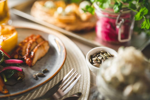 A fresh springtime lunch in Sweden. Close-up of the food on the table.