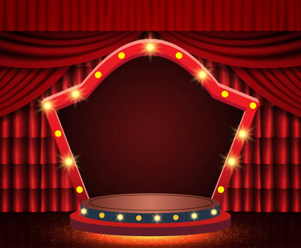 istock Background with red curtain and arch banner. Design for presentation, concert, show 1312653507