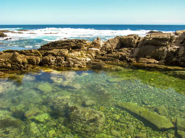 A clear tidal pool, sheltered from the waves, photographed along the rocky Tsitsikamma coast along the southern coast of South Africa on a clear, sunny summers day