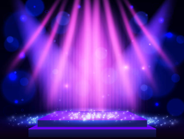 istock Background with blue curtain, podium and spotlights. Design for presentation, concert, show 1312653703