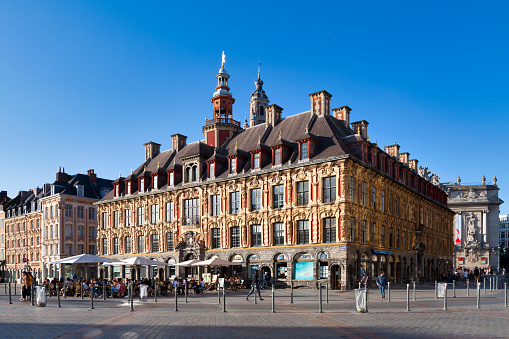 Lille, France - June 22 2020: The Vieille Bourse (Old Stock Exchange) is the former building of the Lille Chamber of Commerce and Industry.