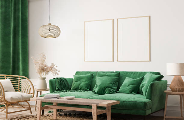 istock Home interior with poster frame mockup, green comfortable sofa on white wall with wooden furniture 1312657649