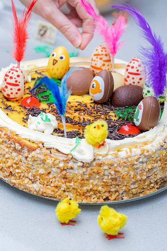 Easter decorations full with color, tiny chicks in close-up images, Mona de pascua.