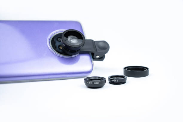 Phone photo lens with clips on white background. Extra macro camera for smartphone. Set of lenses wide angle, fish eye and macro