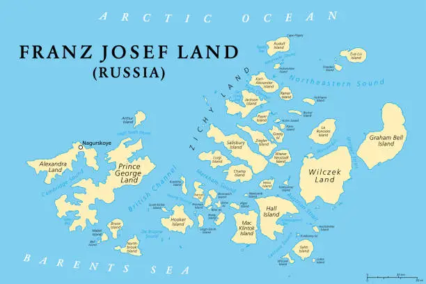 Vector illustration of Franz Josef Land, Russian archipelago in Arctic Ocean, political map