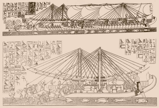 Deployment of Egyptian merchant ships by Queen Hatshepsut (Reign c. 1478 - 1458 BC, 18th Dynasty) to the land of Punt (adjoining Red Sea countries, such as Yemen and Arabia): 1) Landing in the Land of Punt. 2) Loading the ship Illustration of a Deployment of Egyptian merchant ships by Queen Hatshepsut (Reign c. 1478 - 1458 BC, 18th Dynasty) to the land of Punt (adjoining Red Sea countries, such as Yemen and Arabia): 1) Landing in the Land of Punt. 2) Loading the ship queen hatshepsut stock illustrations