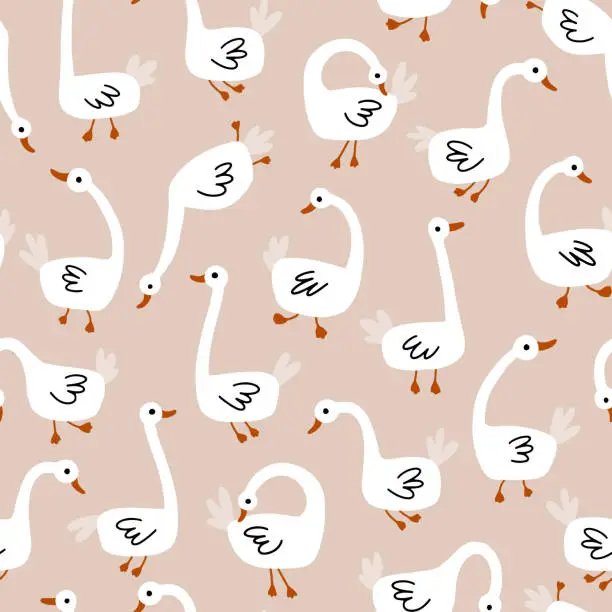 Vector illustration of Geese seamless pattern. White Goose in different poses. Cute vector illustration in simple hand drawn cartoon style. Simple childish cartoon style perfect for textiles, baby shower fabrics.