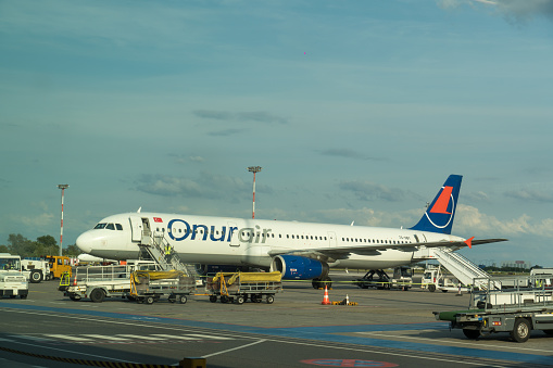 Catania, Italy - August 13, 2019: Aircraft from Onur Air, Turkish low-cost airline