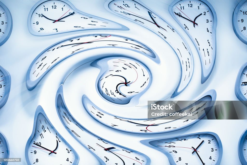 Space and Times, Clock time twisted distortion for Spacetime warp bended curved concept Time Machine Stock Photo