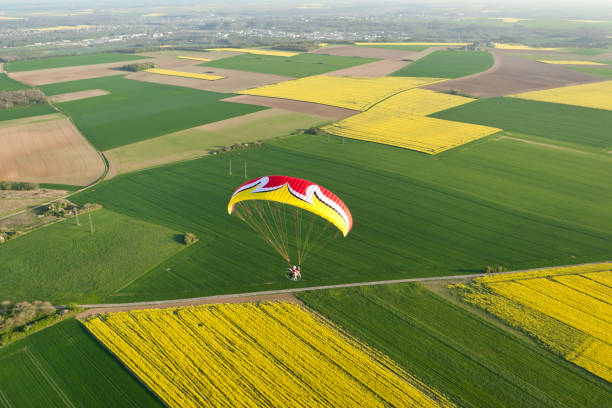 istock Aerial view motorized paraglider flying over rapeseed fields in spring. 1312661881