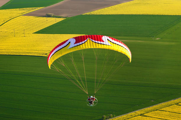 istock Colorful Paramotor seen from the sky over the fields of yellow rapeseed in spring 1312662726