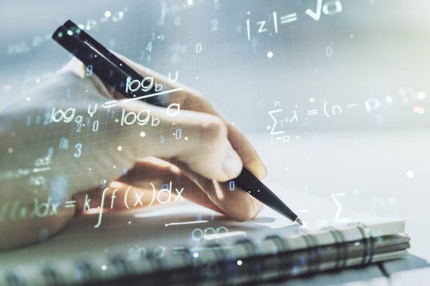 istock Creative scientific formula concept with woman hand writing in notebook on background. Multiexposure 1312663149