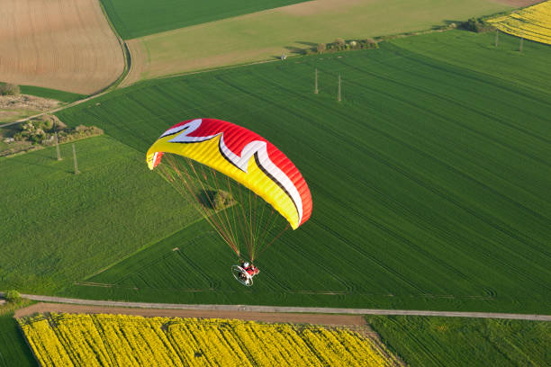 istock Colorful Paramotor seen from the sky over the fields of yellow canola in spring 1312663179