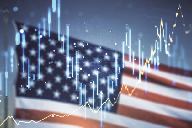 istock Abstract virtual financial graph hologram on USA flag and sunset sky background, forex and investment concept. Multiexposure 1312663201