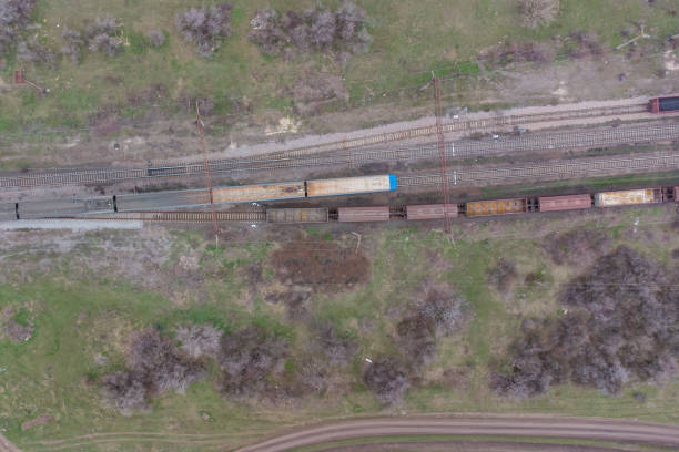 istock Railway station and trains top view. Photo from a helicopter. 1312663321